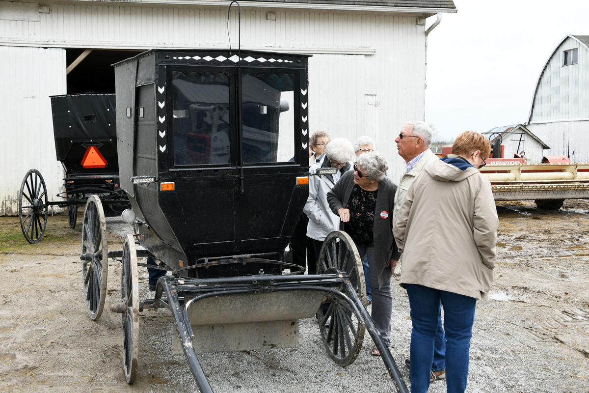 130 Sue Miller and Don Regier examine the Amish buggy amid other Fun Club onlookers.JPG